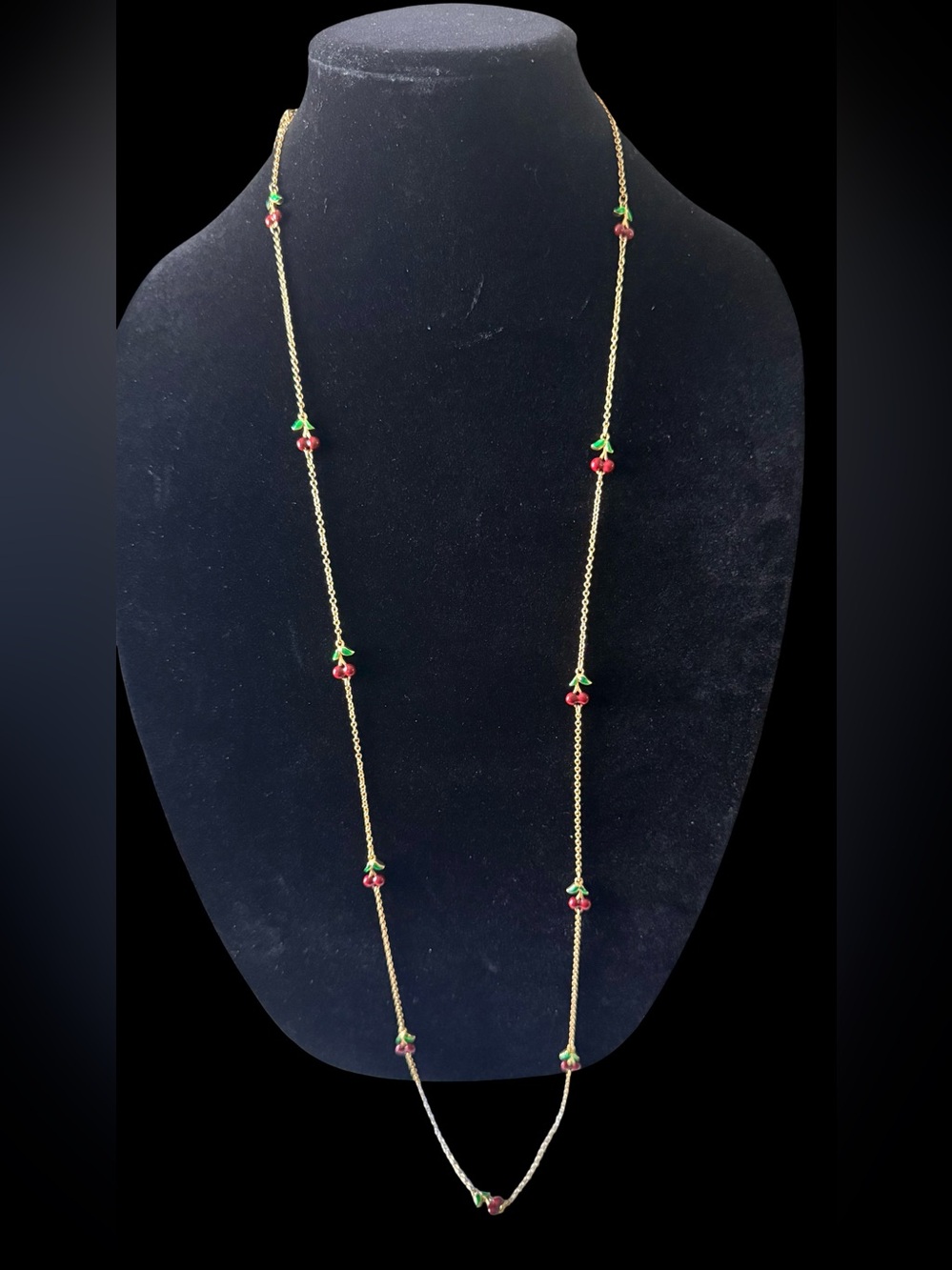 Vintage Joan Rivers gold tone red and green enameled cherry charm necklace